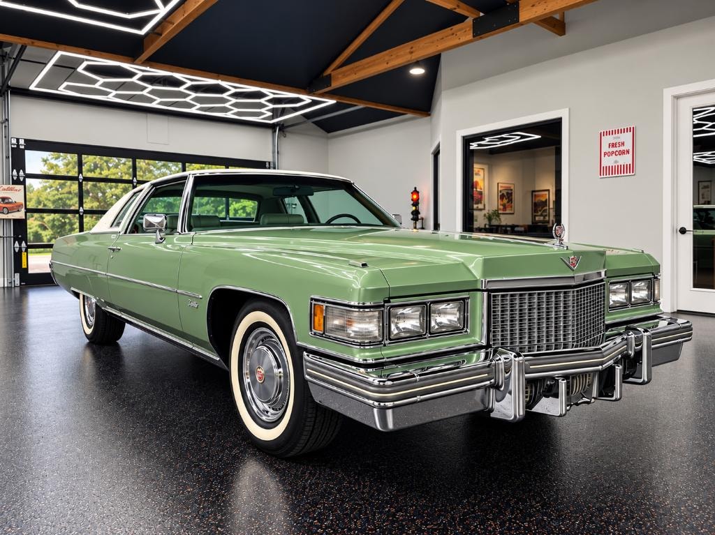 1975 Cadillac Coupe DeVille — sage green with white wall tires in showroom